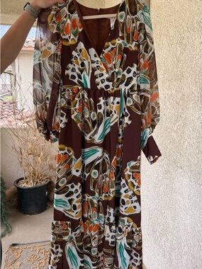 NWT Hutch Brown Floral Print Maxi Dress with Teal & Orange Accents + belt